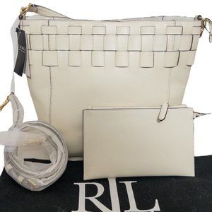 Ralph Lauren Shoulder Bag White Leather Tote Woven Trim - New with Tags